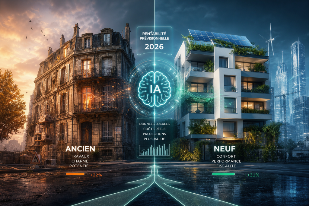 Rentabilité immobilier ancien : comparez ancien et neuf en 2026 avec l’IA, travaux et plus-value.