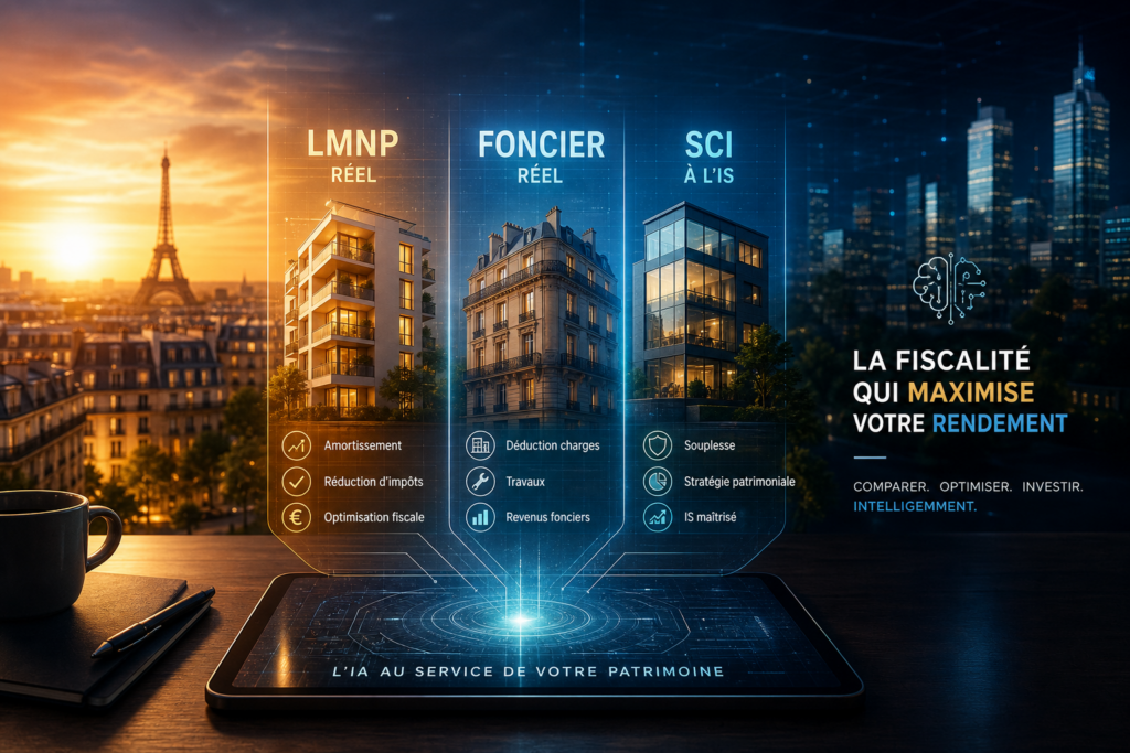 Fiscalité LMNP 2026, foncier ou SCI à l’IS : comparez les régimes et optimisez votre rendement locatif avec l’IA.